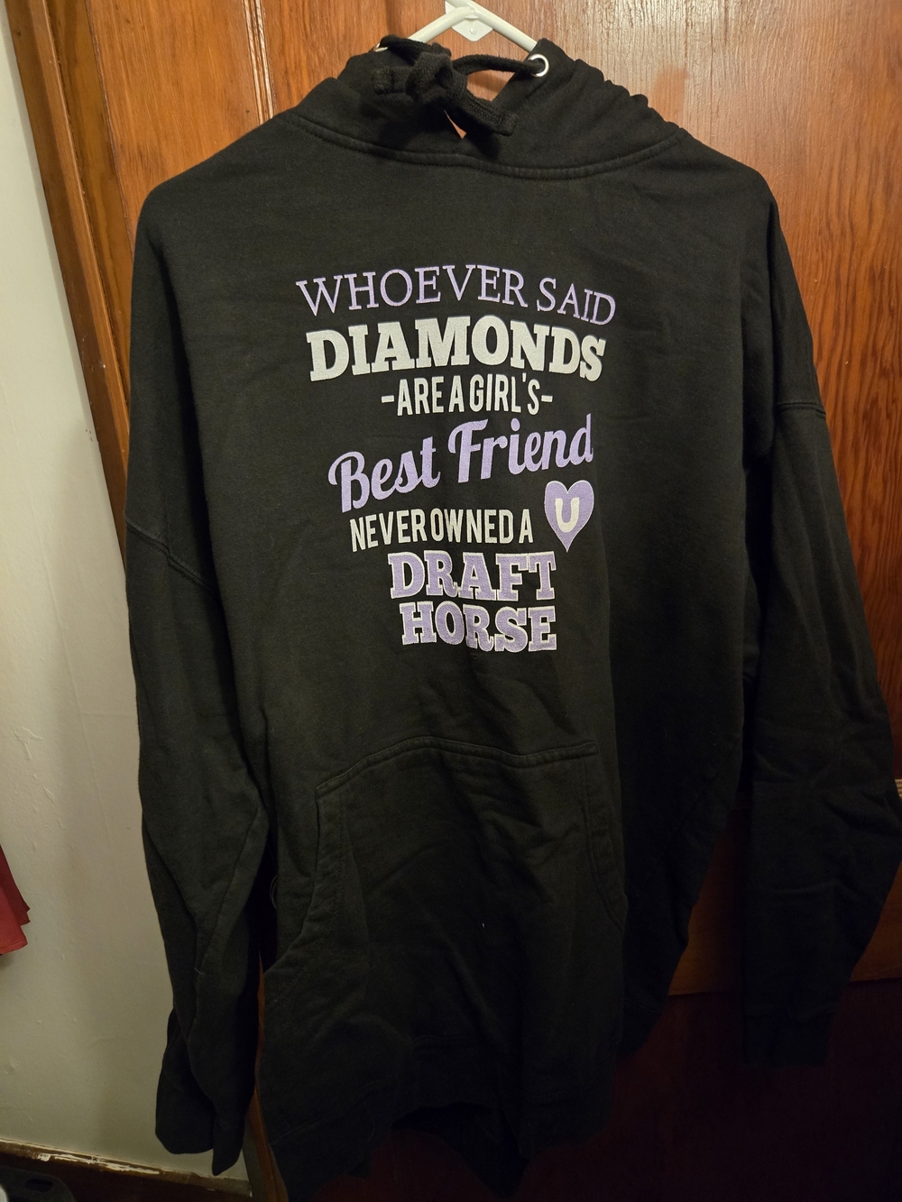 Black Hoodie with Lavender and White Draft Horse Slogan